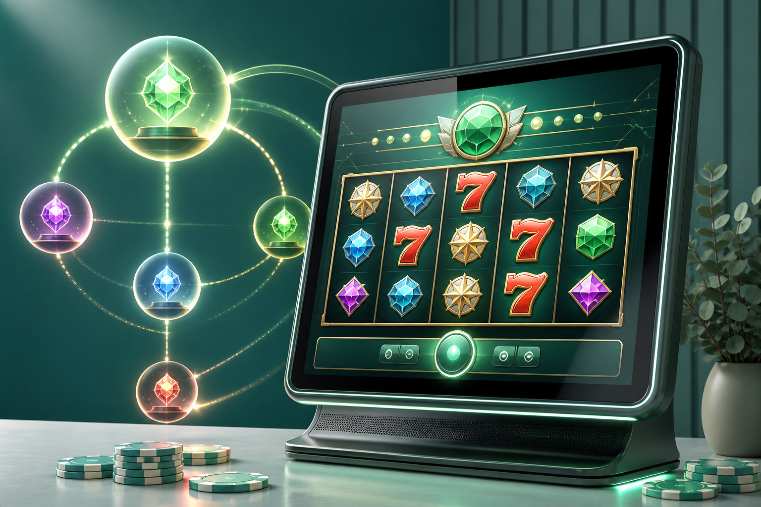 Modern online jackpot pokie display with reels and a growing prize total in a green digital gaming environment