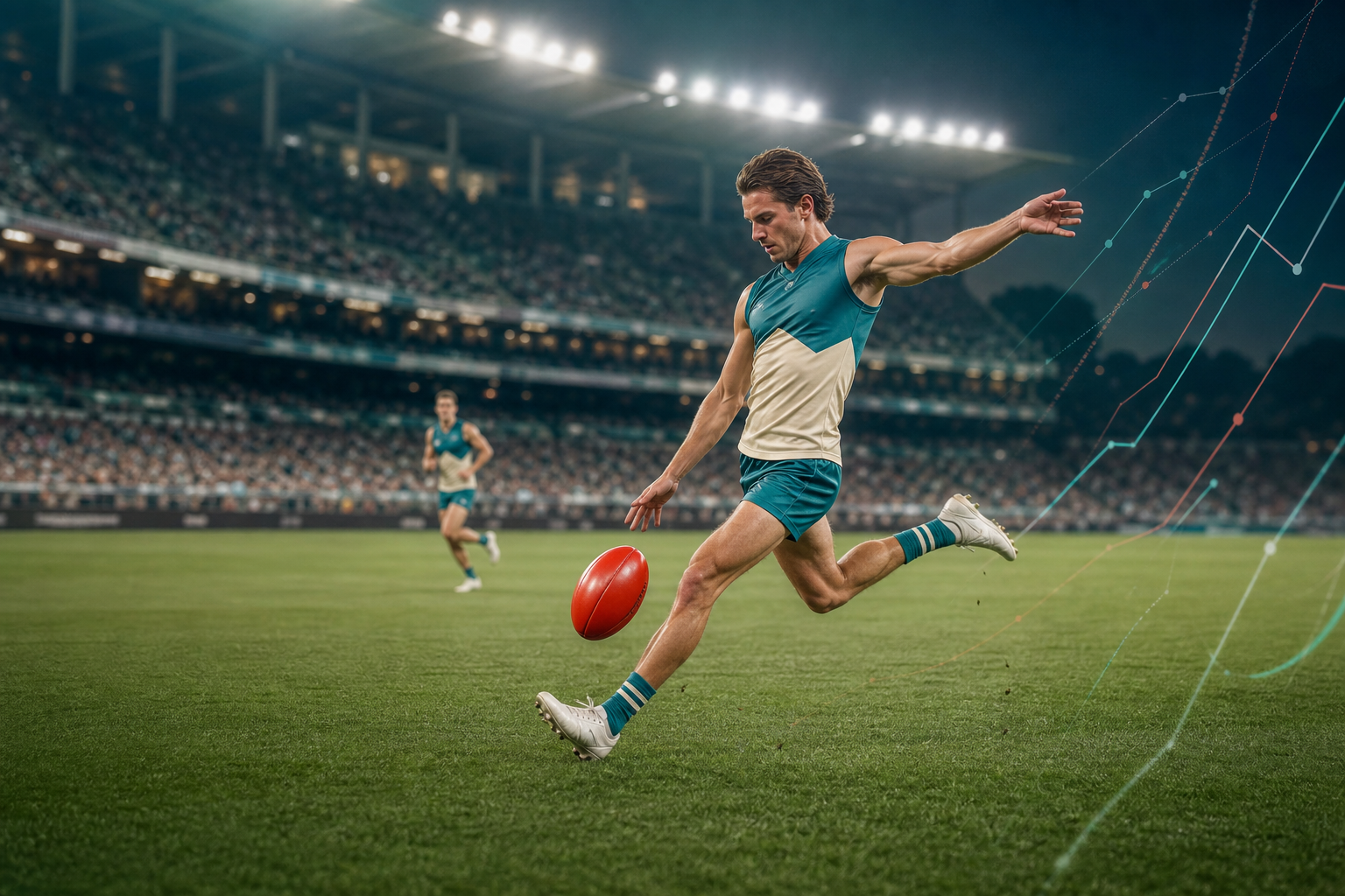 Australian rules football player kicking a red ball during a stadium match
